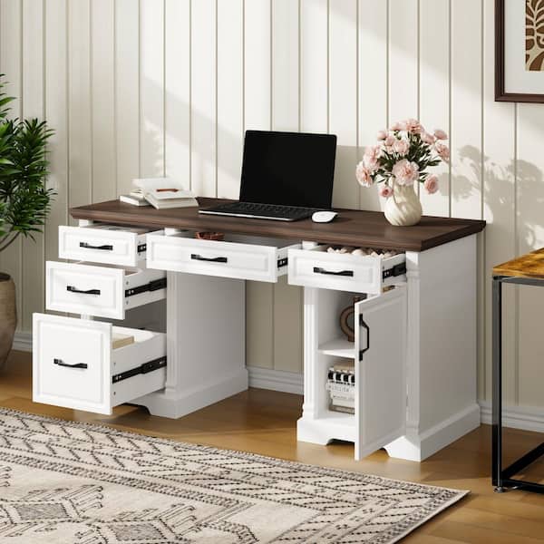 59 in. Rectangular White and Walnut Wood 5-Drawer Desk with Side Cabinet and Interior Shelving