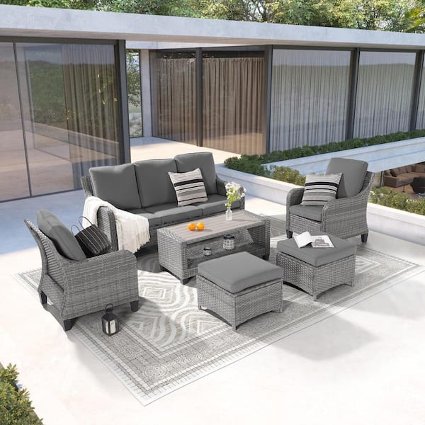 Sonkuki 6-Piece Patio Conversation Sofa Set Gray Wicker with Side Table and Thickening Cushions, Gray