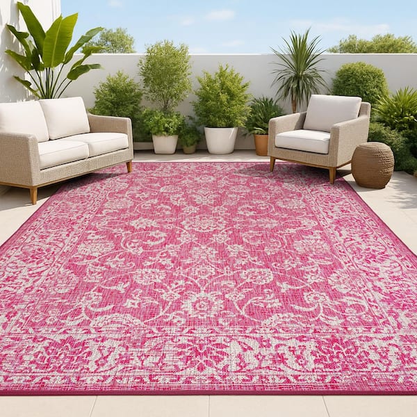Tela Bohemian Textured Weave Floral Fuchsia/Light Gray 8 ft. x 10 ft. Indoor/Outdoor Area Rug