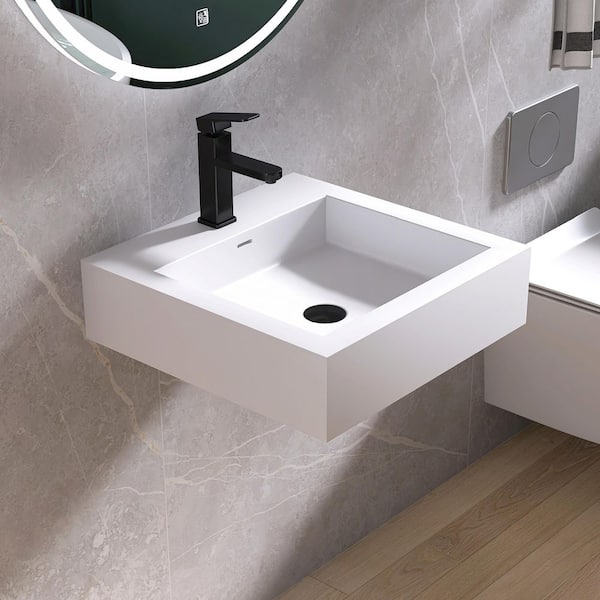 19 in. x 19 in. x 5 in. H Solid Surface Wall-Mounted Bathroom Vessel Sink in White with Faucet Hole