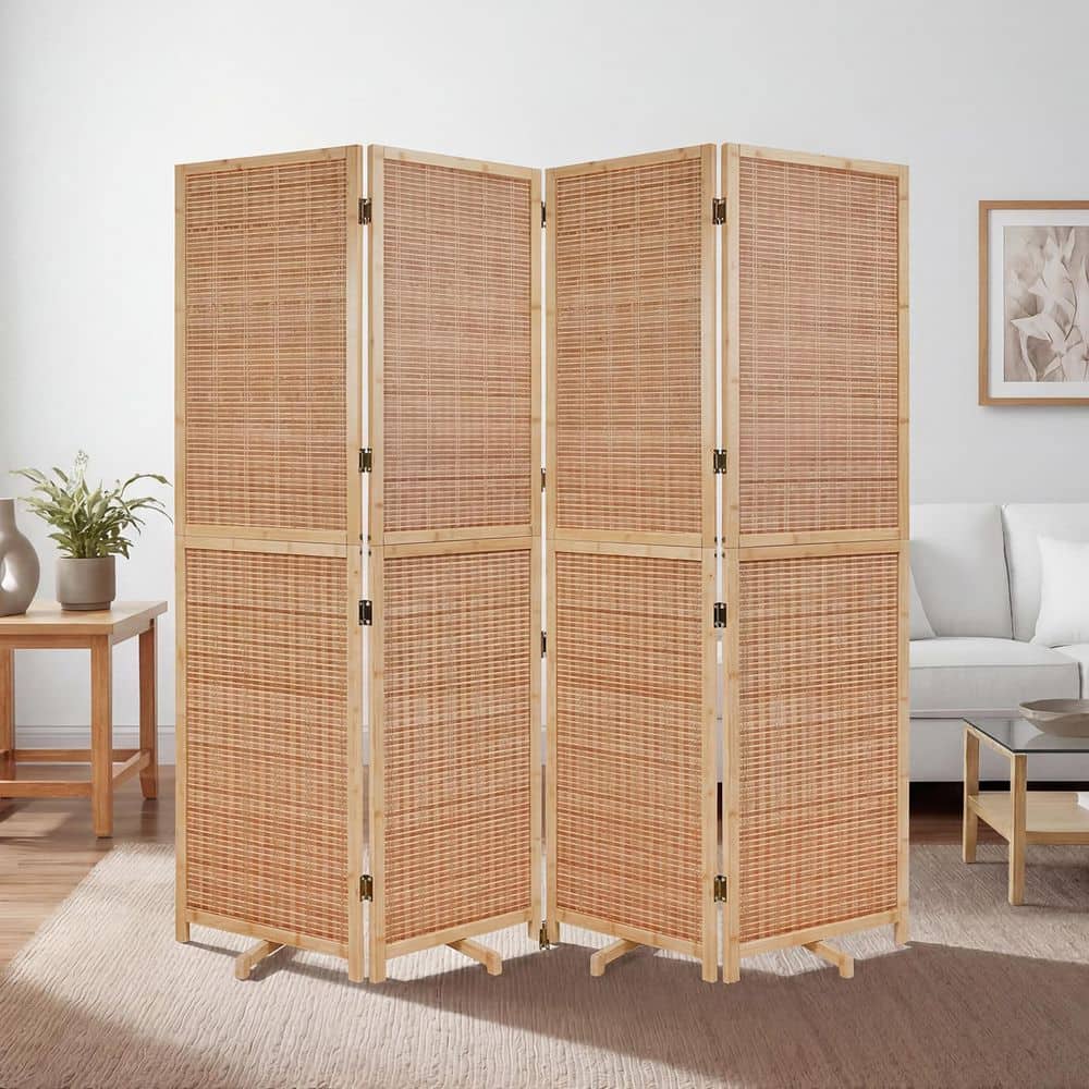 67 in. H x 71 in. W Natural 4-Panel Bamboo Removable Room Divider with Swivel Support Legs, Indoor Privacy Screen Panels