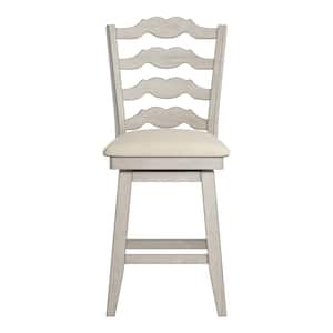 24 in. H Antique White French Ladder Back Swivel Chair with Beige Linen Seat
