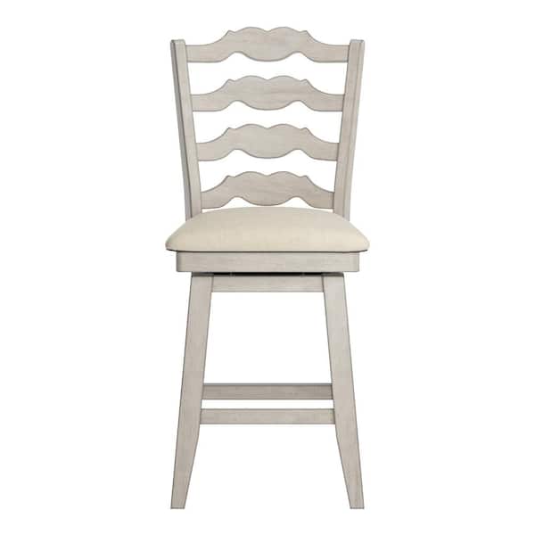 24 in. H Antique White French Ladder Back Swivel Chair with Beige Linen Seat
