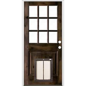 36 in. x 80 in. Left Hand 9-Lite Clear Glass Black Stained Wood Prehung Door with Large Dog Door