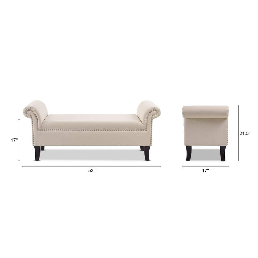 Sky Neutral Roll Arm Entryway Bench with Nailhead Trim