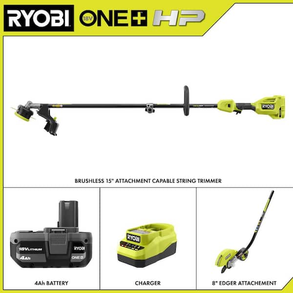 ONE+ HP 18V Brushless 15 in. Attachment Capable String Trimmer and Edger Attachment with 4.0 Ah Battery and Charger