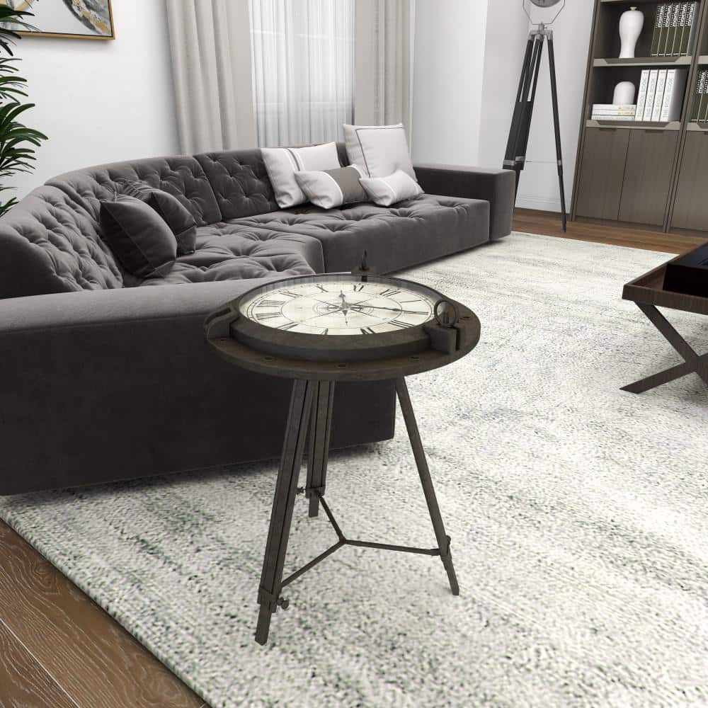 Black Iron Compass Clock Accent Table with Glass Top