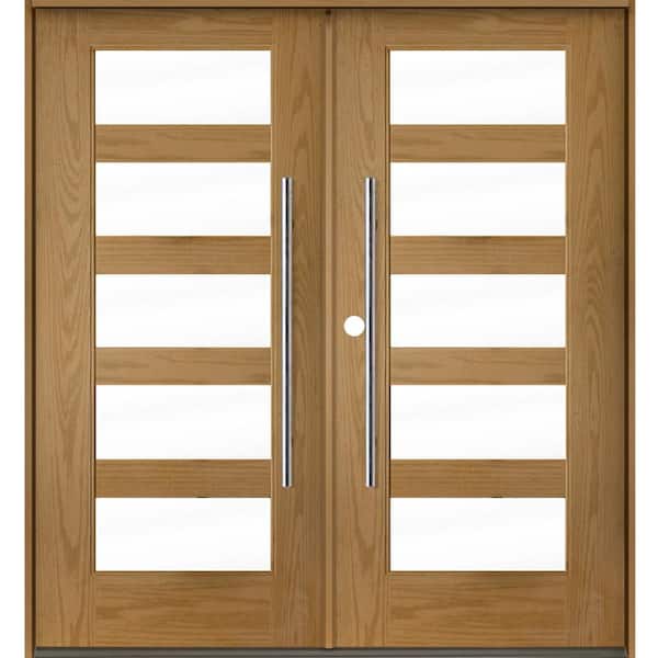 Krosswood Doors Faux Pivot 72 in. x 80 in. Right-Active/Inswing 5 Lite Clear Glass Bourbon Stain Double Fiberglass Prehung Front Door