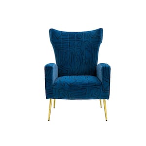 Navy Blue With Pattern Velvet Upholstered Wingback Armchair with Metal Legs