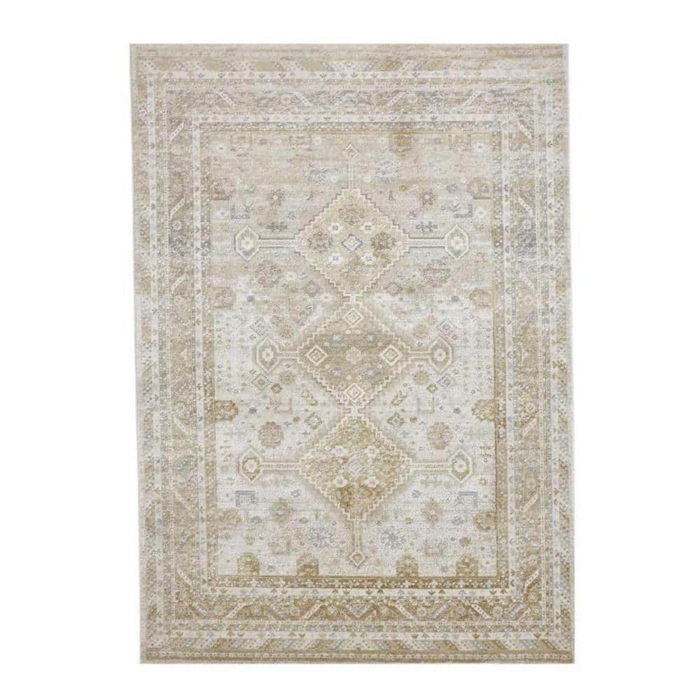 HomeRoots 8 x 11 Gold and Ivory Floral Area Rug 2000512982 - The Home Depot