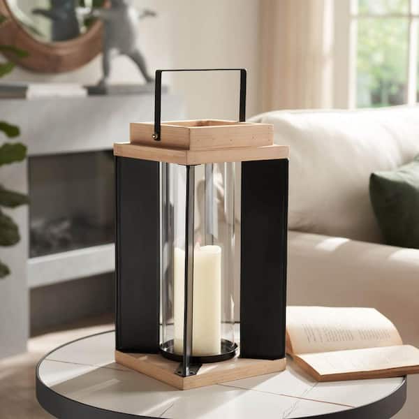 Unbranded Medium 15.75 in. H Wood and Black Metal Candle Lantern