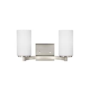 Hettinger 13 in. 2-Light Brushed Nickel Transitional Contemporary Wall Bathroom Vanity Light with White Glass Shades