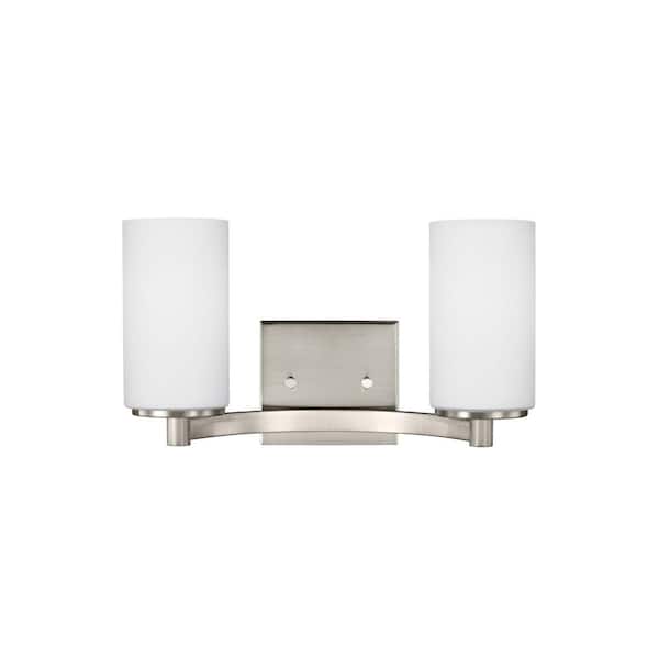 Generation Lighting Hettinger 13 in. 2-Light Brushed Nickel Transitional Contemporary Wall Bathroom Vanity Light with White Glass Shades