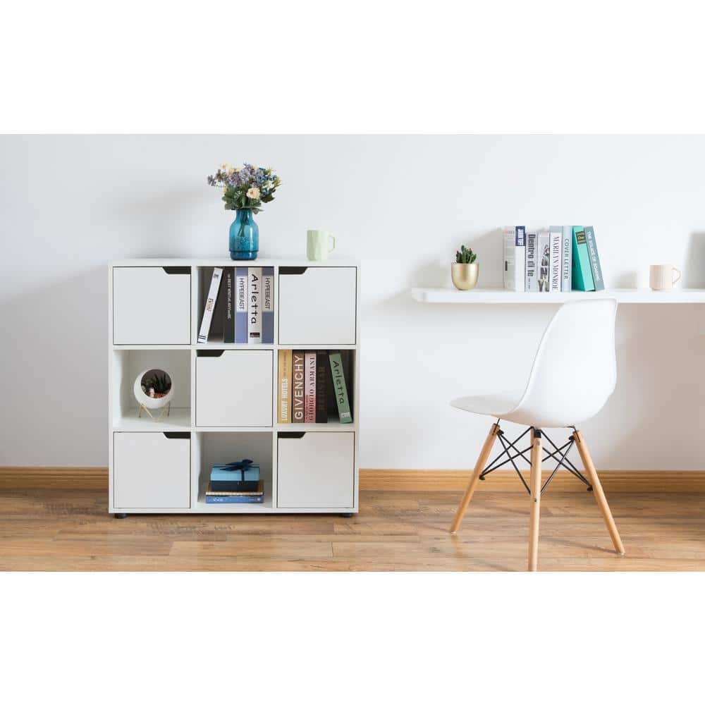 White 9-Cube Wooden Organizer with Doors and Shelves