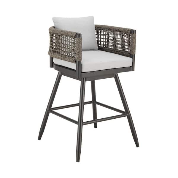 Piper Swivel Metal and Woven Rope Outdoor Bar Stool with Gray Cushion