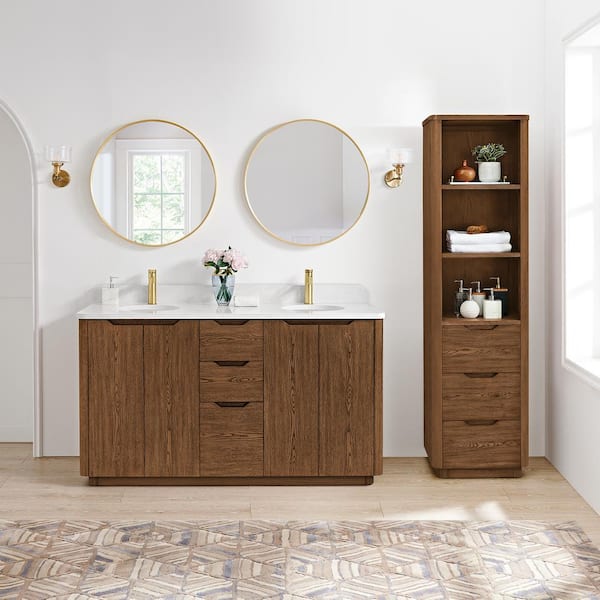 ROSWELL Abuja 60 in. W x 22 in. D x 33.9 in. H Double Bath Vanity in Oak Weathered Brown with White Engineered Stone Top