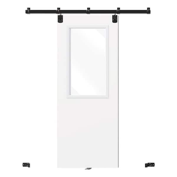 32 in. x 80 in. 1-Lite, Clear Glass, White Primed, Composite, Exterior Sliding Barn Door with Hardware Kit
