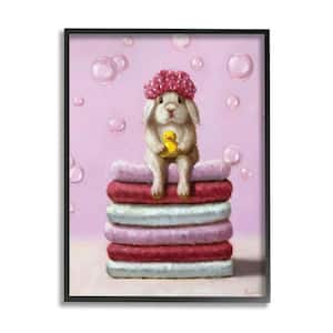 "Cute Baby Rabbit on Bath Towels Soap Bubbles" by Lucia Heffernan Framed Animal Wall Art Print 11 in. x 14 in.