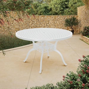 47 in. Cast Aluminum Patio Round Dining Table with Umbrella Hole in White