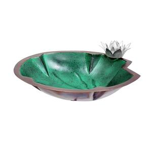 12.5 in. W Antique Copper Plated and Colored Patina Lilypad Birdbath with White Flower
