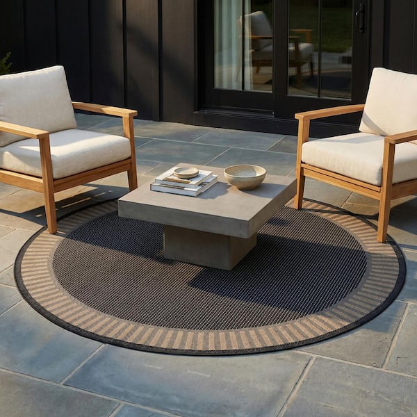 Recife Wicker Stitch Black-Brown 8 ft. x 8 ft. Flatwoven Solid Round Indoor/Outdoor Area Rug