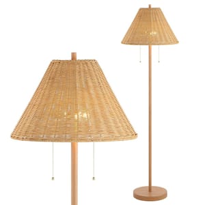 Nando 61 in. 2-Light Coastal Bohemian Iron/Rattan LED Floor Lamp with Pull-Chain, Brown Wood Finish