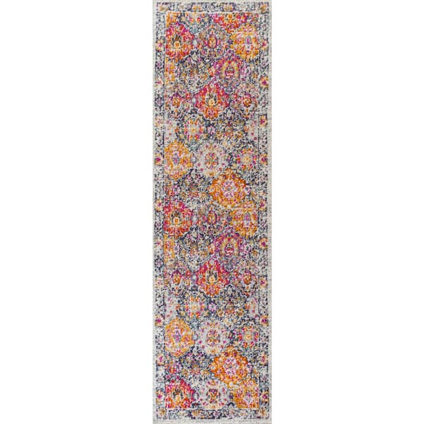 Modern Persian Boho Vintage Trellis Ivory/Navy/Multi 2 ft. x 8 ft. Runner Rug