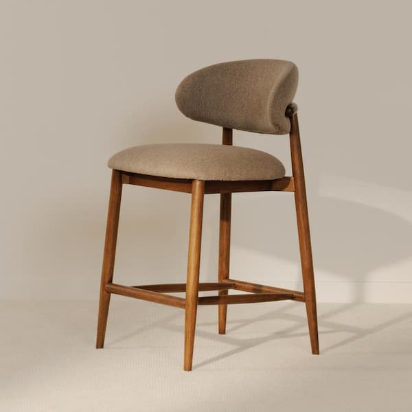 NADAAL STUDIOS Aldric 26.5 in. Light Brown Mid-Century Modern Rubber Wood Counter Stool with Polyester Seat