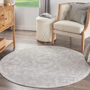 Whimsicle Grey 5 ft. x 5 ft. Floral Contemporary Round Area Rug