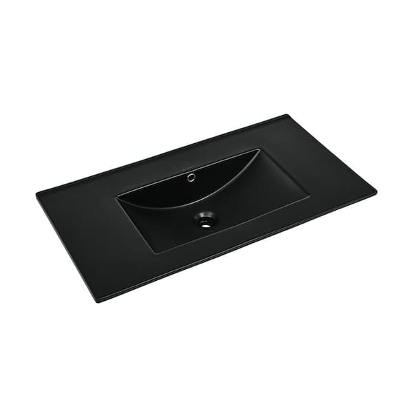 36 in. W x 18.5 in. D Zero Hole Ceramic Vanity Top Sink in Glossy Black