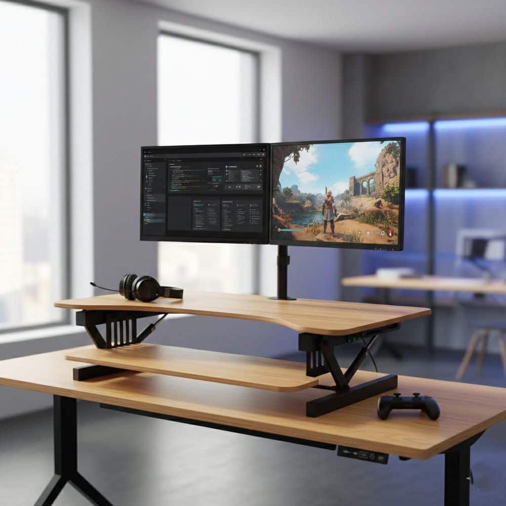 ROCELCO 32 in. W Beige Height Adjustable Standing Desk Converter Dual ...