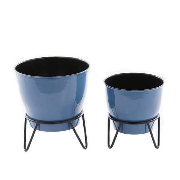 Litton Lane 10 in. x 11 in. Blue Metal Modern Planter (Set of 2)
