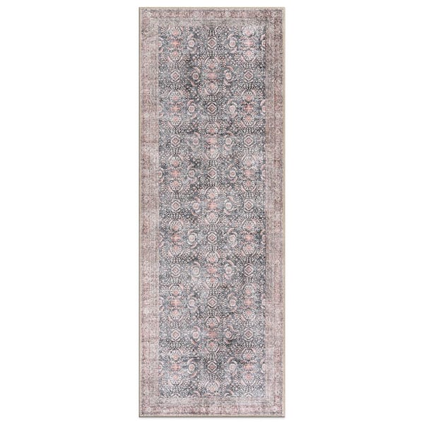 World Rug Gallery Amber Charcoal 2 ft. 6 in. x 10 ft. Vintage Inspired Machine Washable Non Slip Runner Rug
