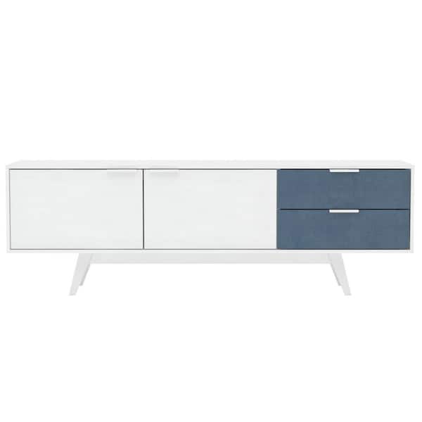 Unbranded Laos White and Navy Tv Stand Fits TV's up to 79 in. wth Cabinets and Drawers