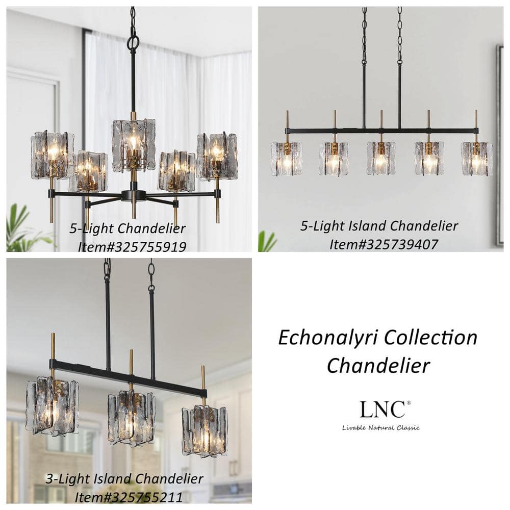 Kasy 5-Light Black and Brass Linear Chandelier with Smoke-Gray Glass