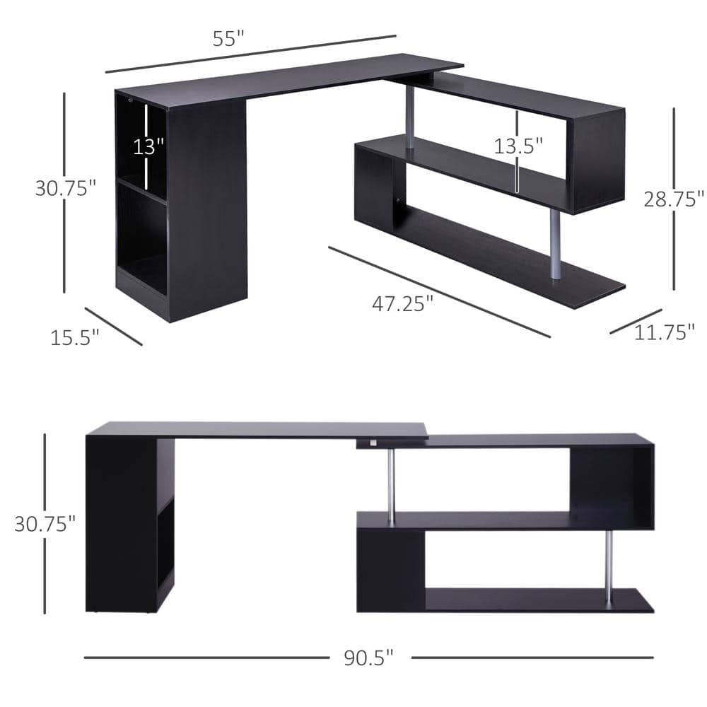 Black Engineered Wood Rotating L-Shaped Corner Writing Desk