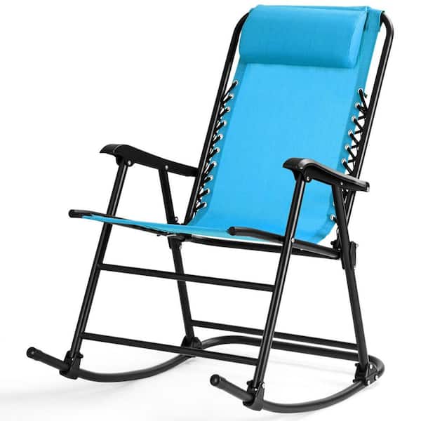 FORCLOVER Metal Folding Single High Back Indoor and Outdoor Rocking Chair with Turquoise Cushioned Footrest