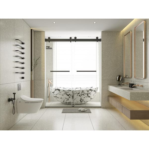 Xzkai 60.11 in. W x 76 in. H Sliding Frameless Shower Door with Tempered Glass, Explosion-Proof Film, Matte Black Finish