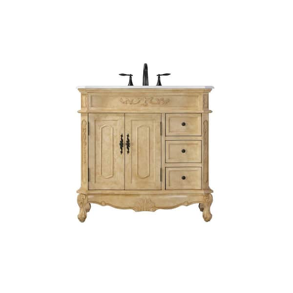 36 in. Single Sink Freestanding Antique Beige Bath Vanity with Ivory White Engineered Marble Top