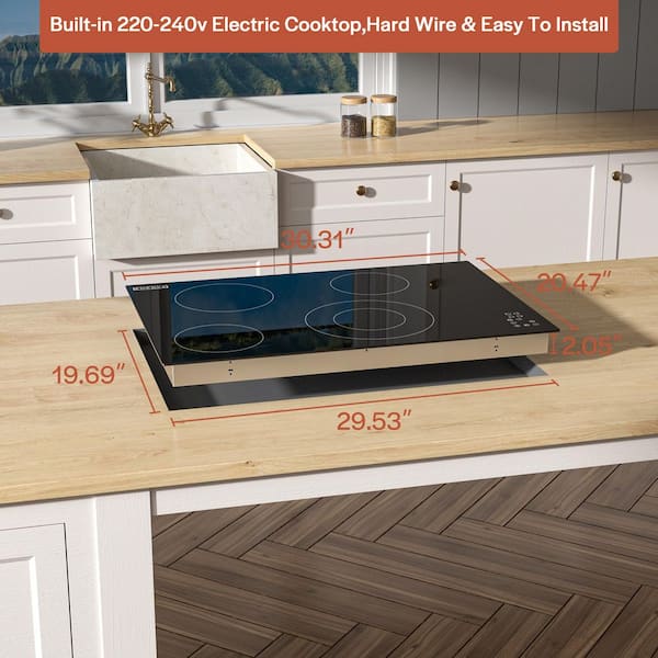 30 in. ETL-Certified 4 EGO Heating Elements Electric Radiant Cooktop 240V 6700W Built-In Stove, Ceramic Glass, Black