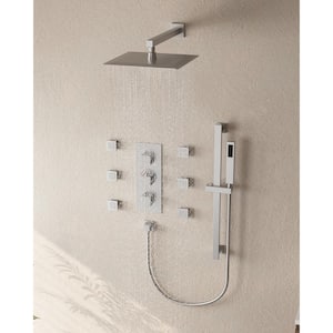 3-Spray Patterns Thermostatic Wall Mount Rain Dual Shower Heads with 6-Jet in Brushed Nickel (Valve Included)