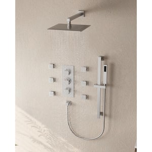 3-Spray Patterns Thermostatic Wall Mount Rain Dual Shower Heads 2.5 GPM with 6-Jet in Brushed Nickel (Valve Included)