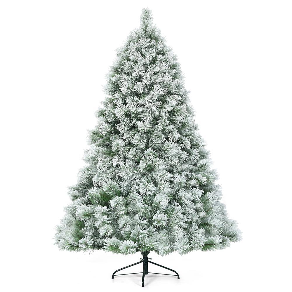 Gymax 7 ft. Snow Flocked Artificial Christmas Tree Hinged Pine Tree ...