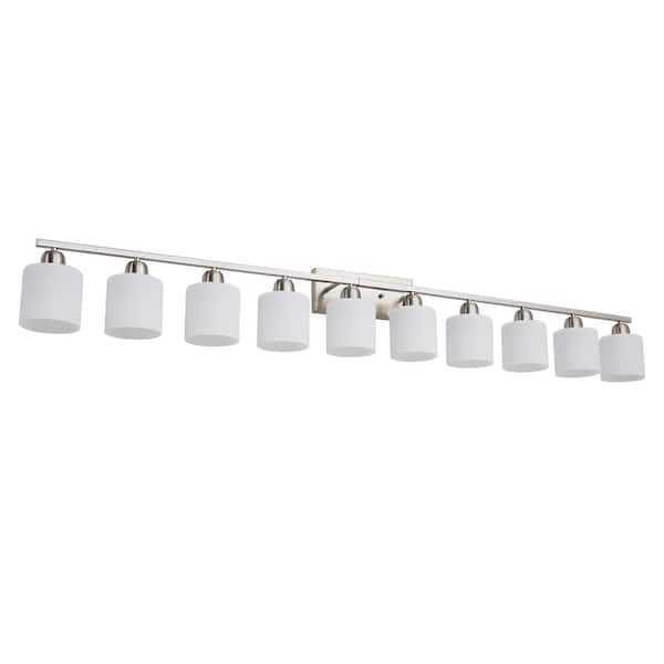 10-Light Chrome Vanity Light with Cylindrical Milky White Glass Shades and Iron Frame, E26 Bulbs Not Included