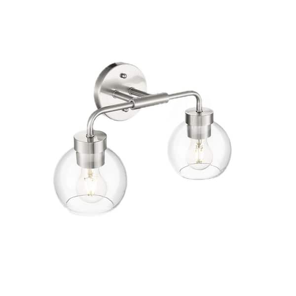 JAZAVA 16 in. 2 Light Brushed Nickel Vanity Light with Clear Glass Shade