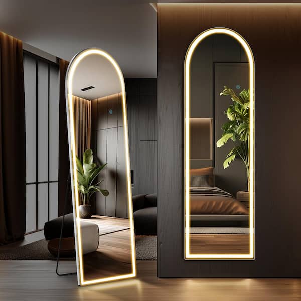 Tradrou White 16 in. W x 60 in. H Rectangle 3 Color Lighting LED Glass Full-Length Framed Mirror