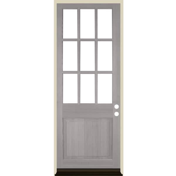 Krosswood Doors 36 in. x 96 in. Farmhouse Beveled 9-Lite Clear Glass Left Hand Grey Stain Hemlock Wood Prehung Front Door