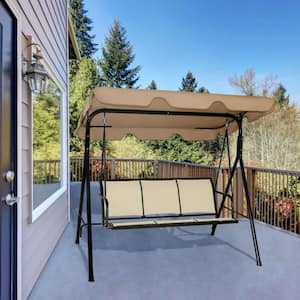 3-Person Metal Frame Patio Porch Swing UV Protection Waterproof Swing with Polyester Angle and Brown Adjustable Canopy