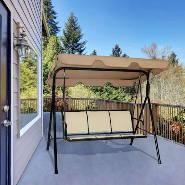 3-Person Metal Frame Patio Porch Swing UV Protection Waterproof Swing with Polyester Angle and Brown Adjustable Canopy