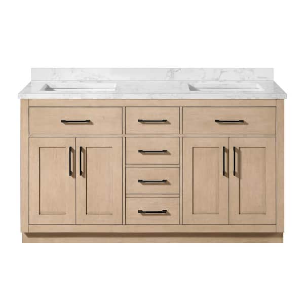 Athea 60 in. Double Sink Sahara Birch Bath Vanity w/ White Engineered Marble Top and Integrated Power Outlet (Assembled)